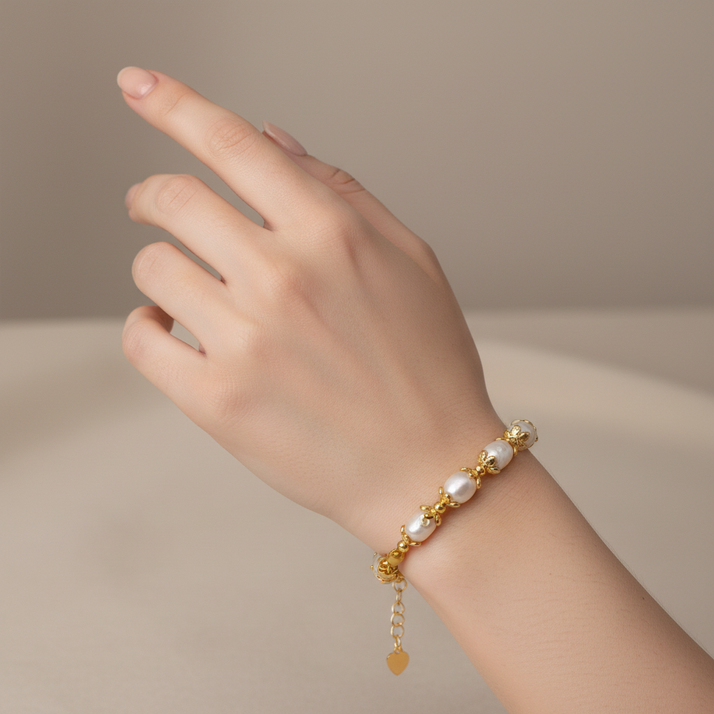 A gold-plated bracelet featuring irregular white baroque pearls set in gold-toned metal links, with a lobster clasp and an adjustable extender chain with a heart-shaped tag, shown on a plain white background.